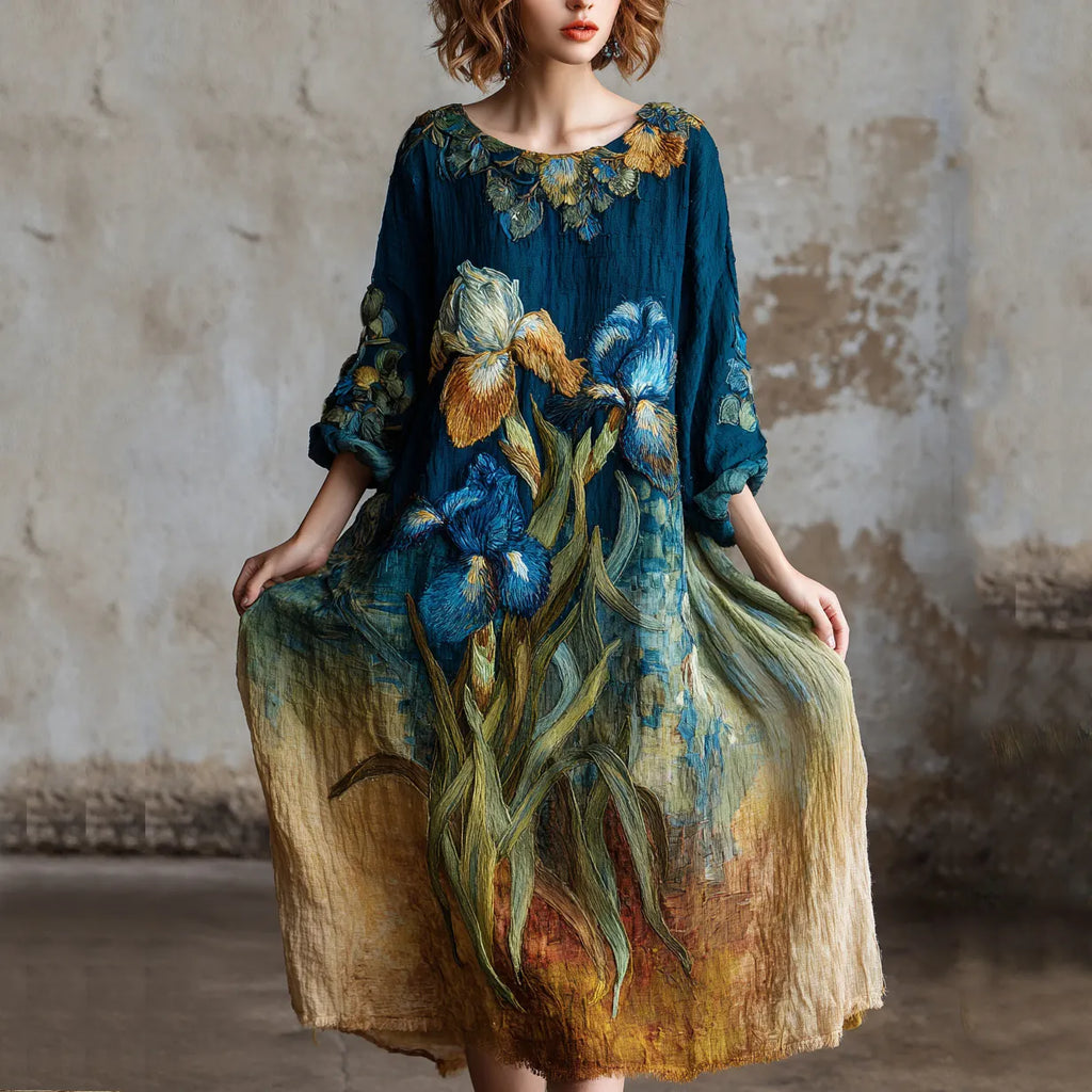 Women's Oil Painting Iris Embroidery Art Round Neck Linen Blend Maxi Dress