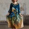 Women's Oil Painting Iris Embroidery Art Round Neck Linen Blend Maxi Dress
