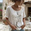 Women's Japanese Cherry Blossom Art Crew Neck Short Sleeve Linen Blend T-shirt