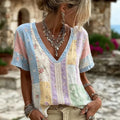 Women's Retro Floral Patchwork Art Embroidery Cotton Linen Short Sleeve Top