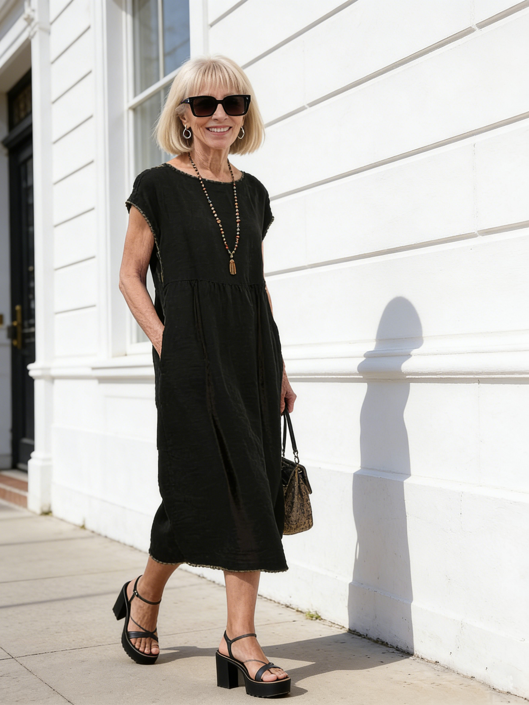 Solid Color Linen Round Neck Fitted Dress