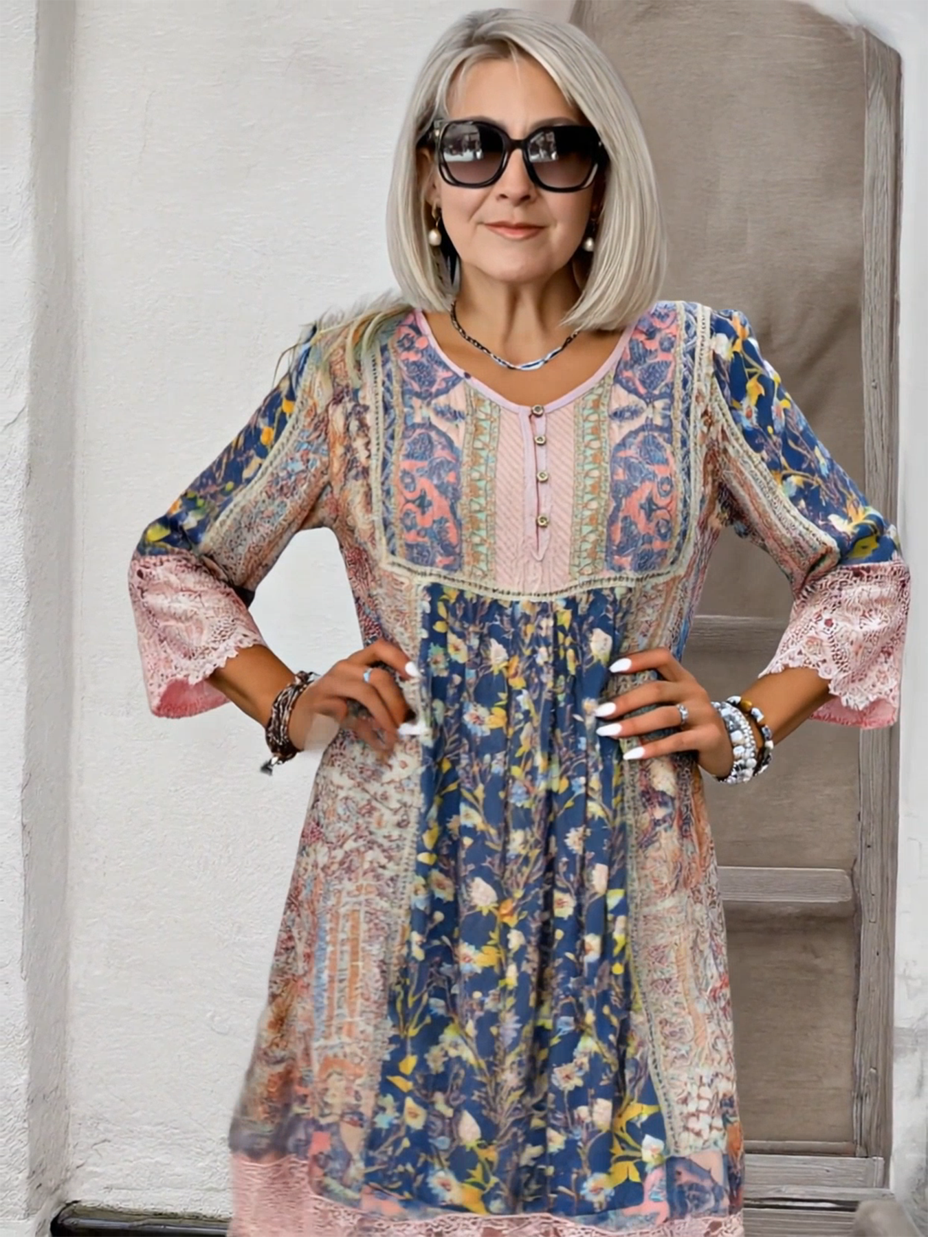 Vintage Print Lace Dress