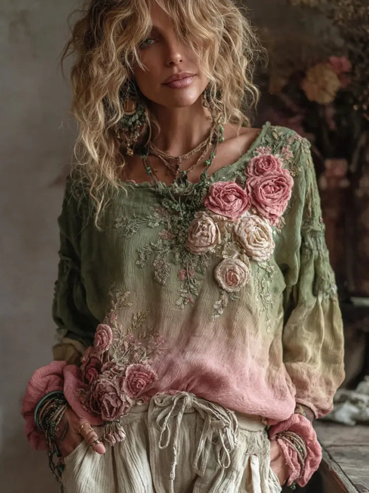 Women's Rose Embroidery Art Long Sleeve Loose T-shirt