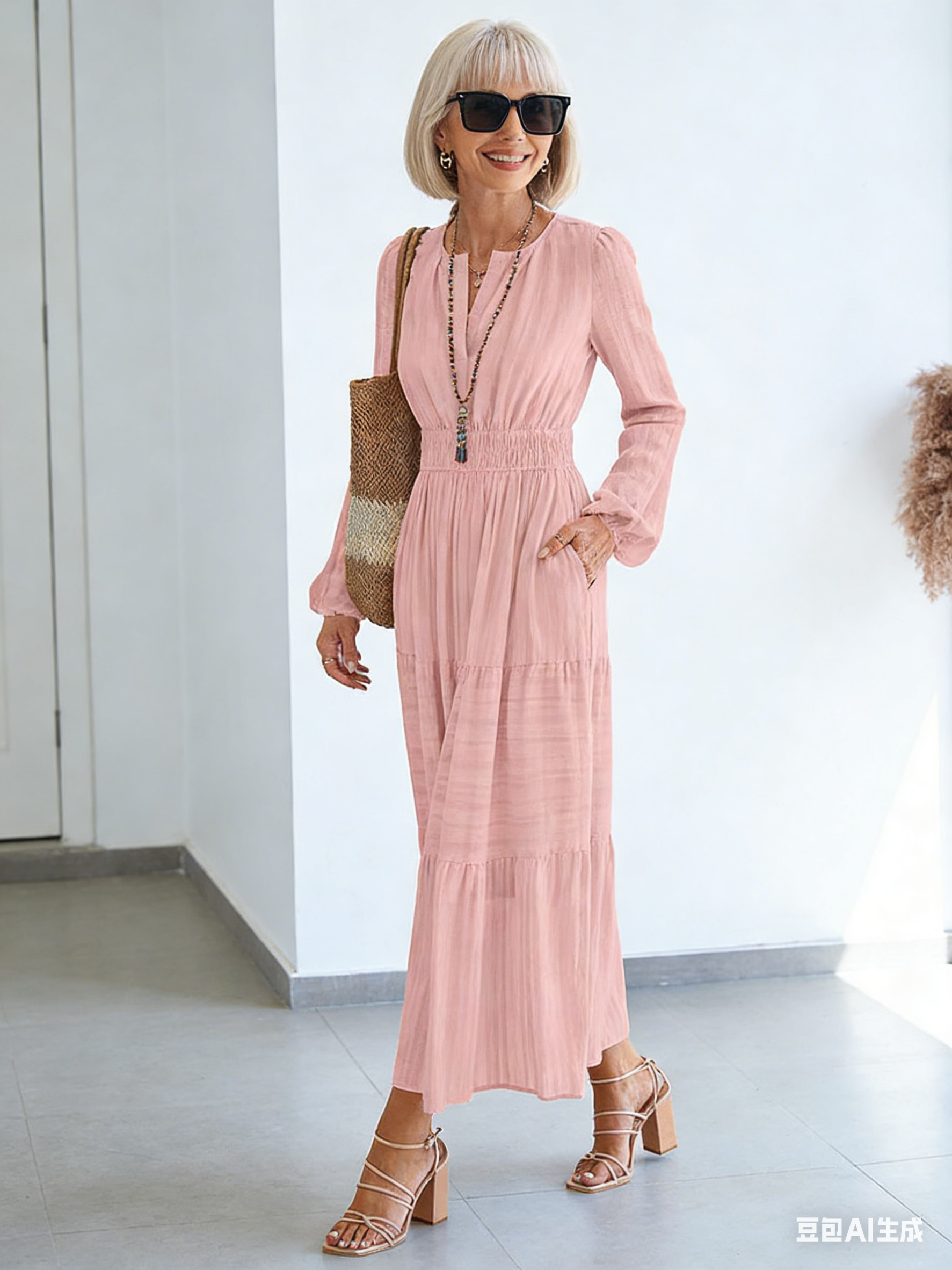 V-neck Pleated Waist Long-sleeved Dress