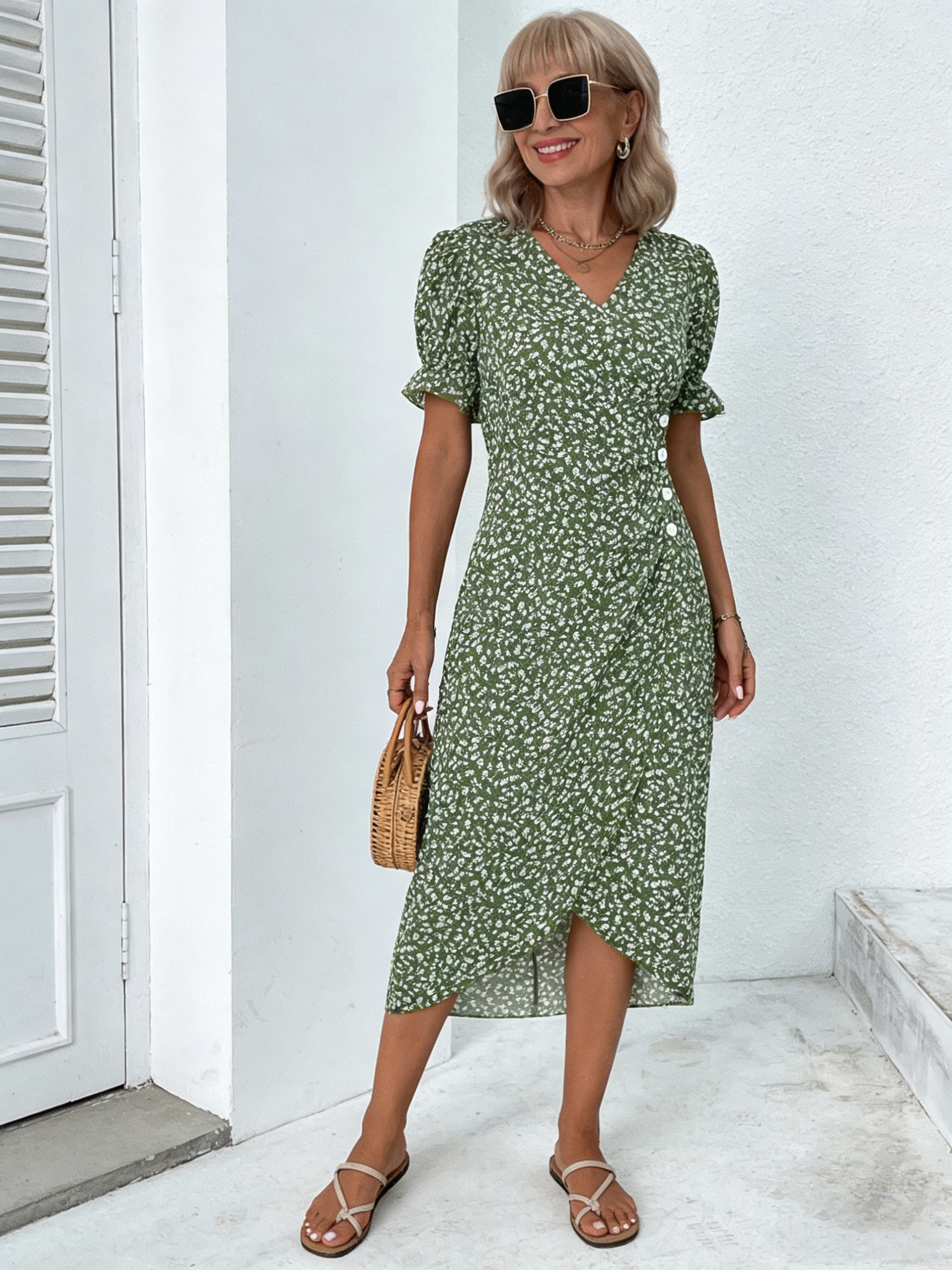 Slim-fit Women's Clothing Geometric Collage Bubble Sleeves Irregular Hem Dress