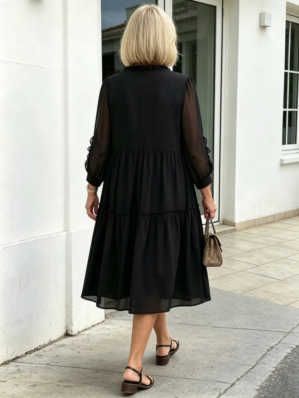 Black French Retro Tiered Midi Dress, Ruffle V-Neck Sheer 3/4 Sleeve Loose Pleated Chiffon Dress for Mature Women