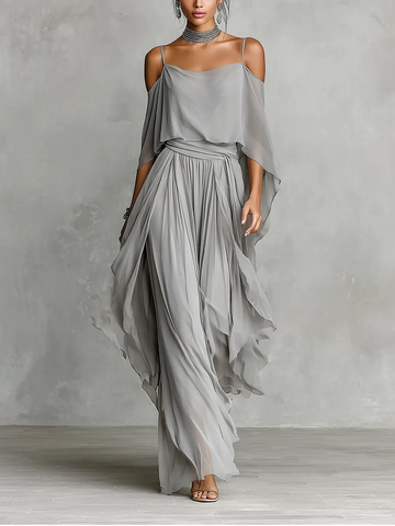 Women's Grey Breathable Chiffon Set With Cold-Shoulder Detail & Flared Silhouette, Contemporary Luxury-Feminine Style Set MDZ2651B6I
