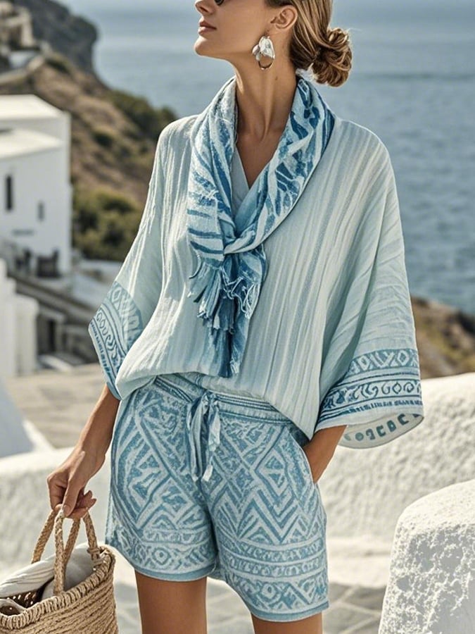 Women'S Casual Cotton And Linen Holiday Pattern Print Loose Top Shorts Scarf Set