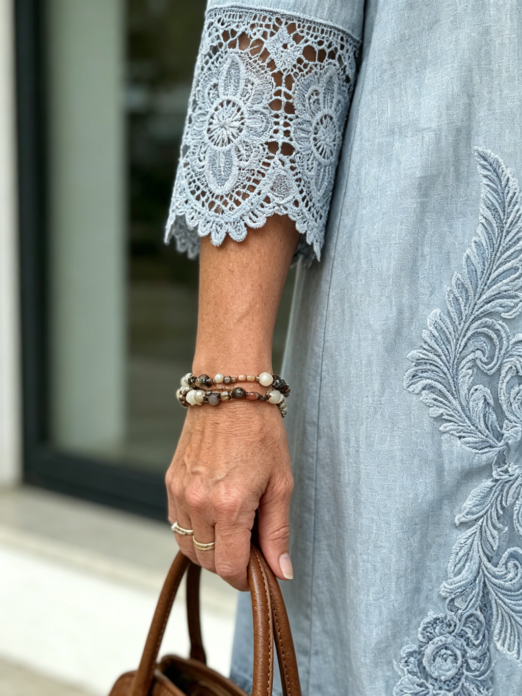 V-neck A-shaped Skirt Solid Color Lace Dress  Five-quarter Sleeve