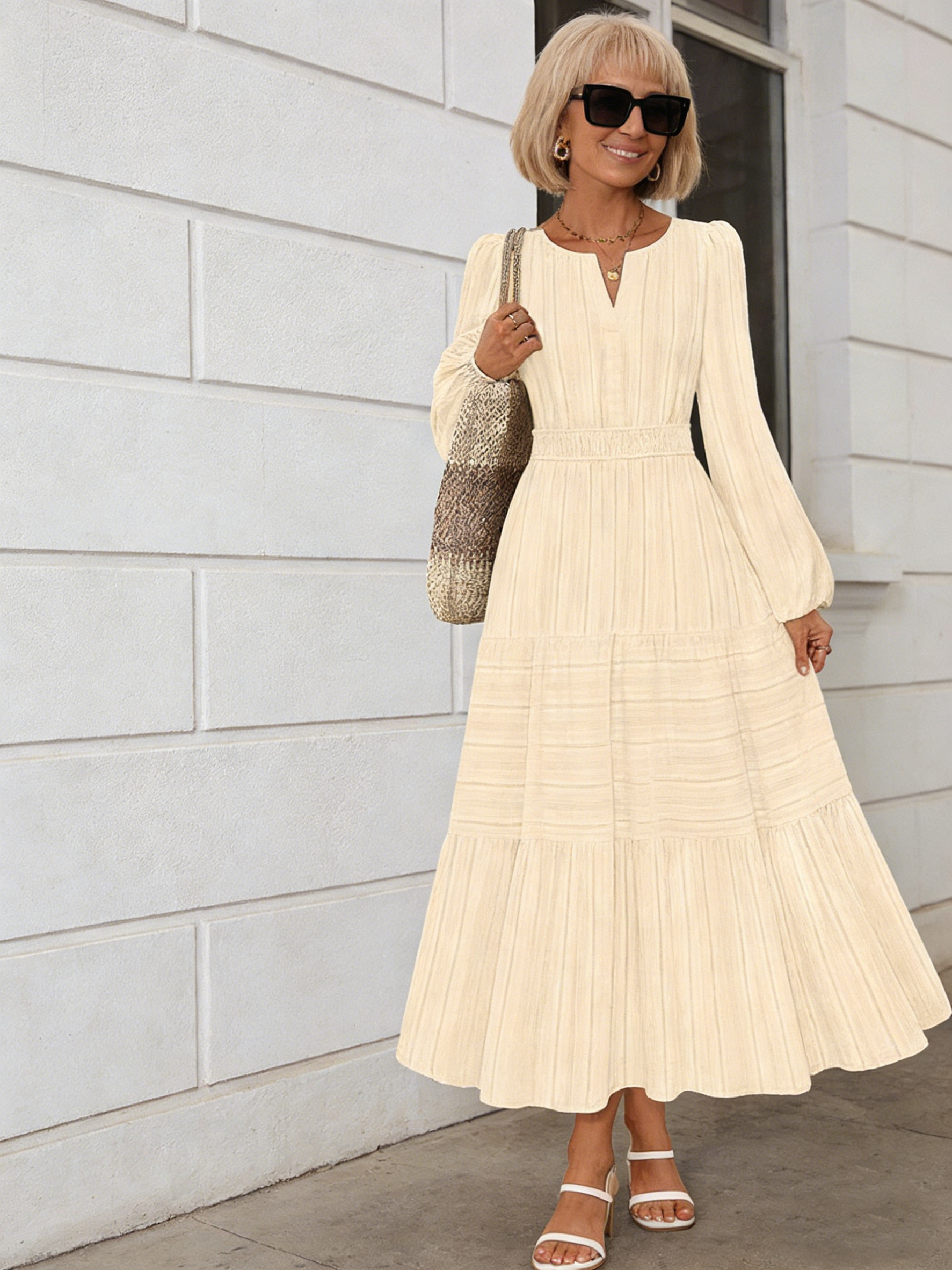 V-neck Pleated Waist Long-sleeved Dress