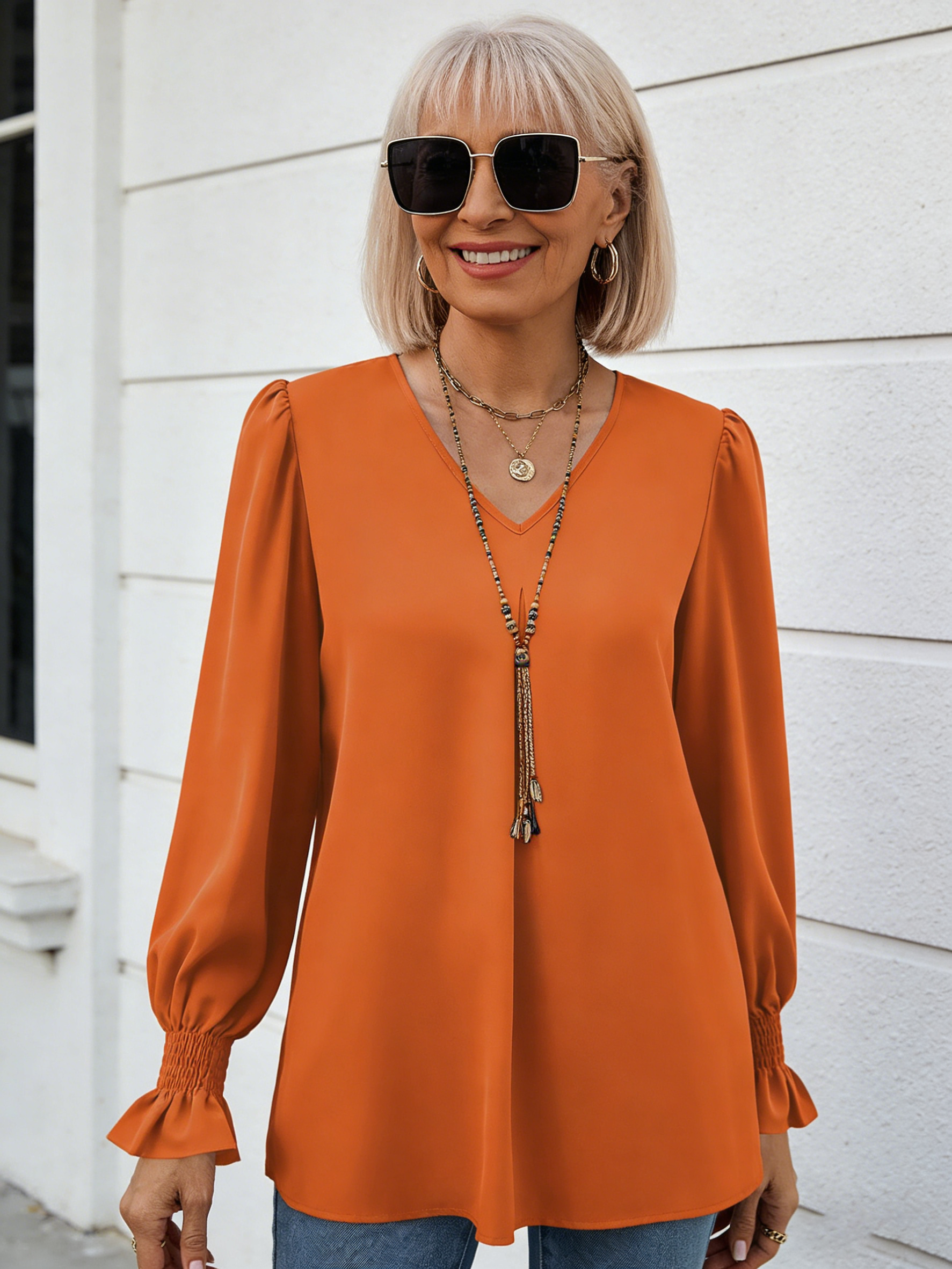 Solid Color Chiffon Shirt V-neck Pullover Horn Long-sleeved Top Shirt