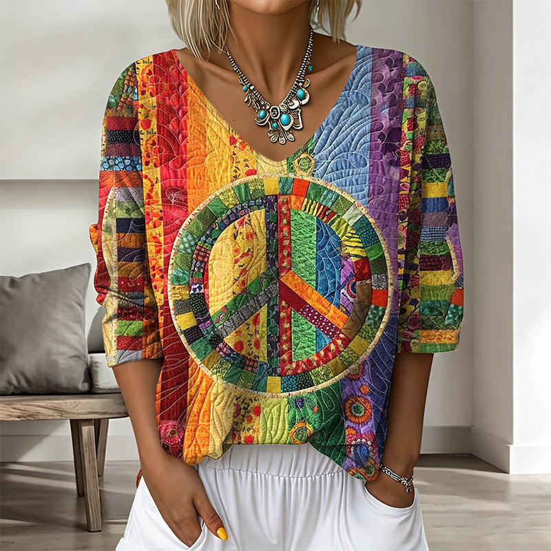 Women's Vintage Rainbow Hippie Peace Pattern Print Flowy Linen Blend  T-shirt