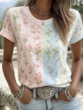 Women's Retro Rose Art Embroidery Color Block Splicing Comfortable Cotton Linen Round Neck Short Sleeve Top