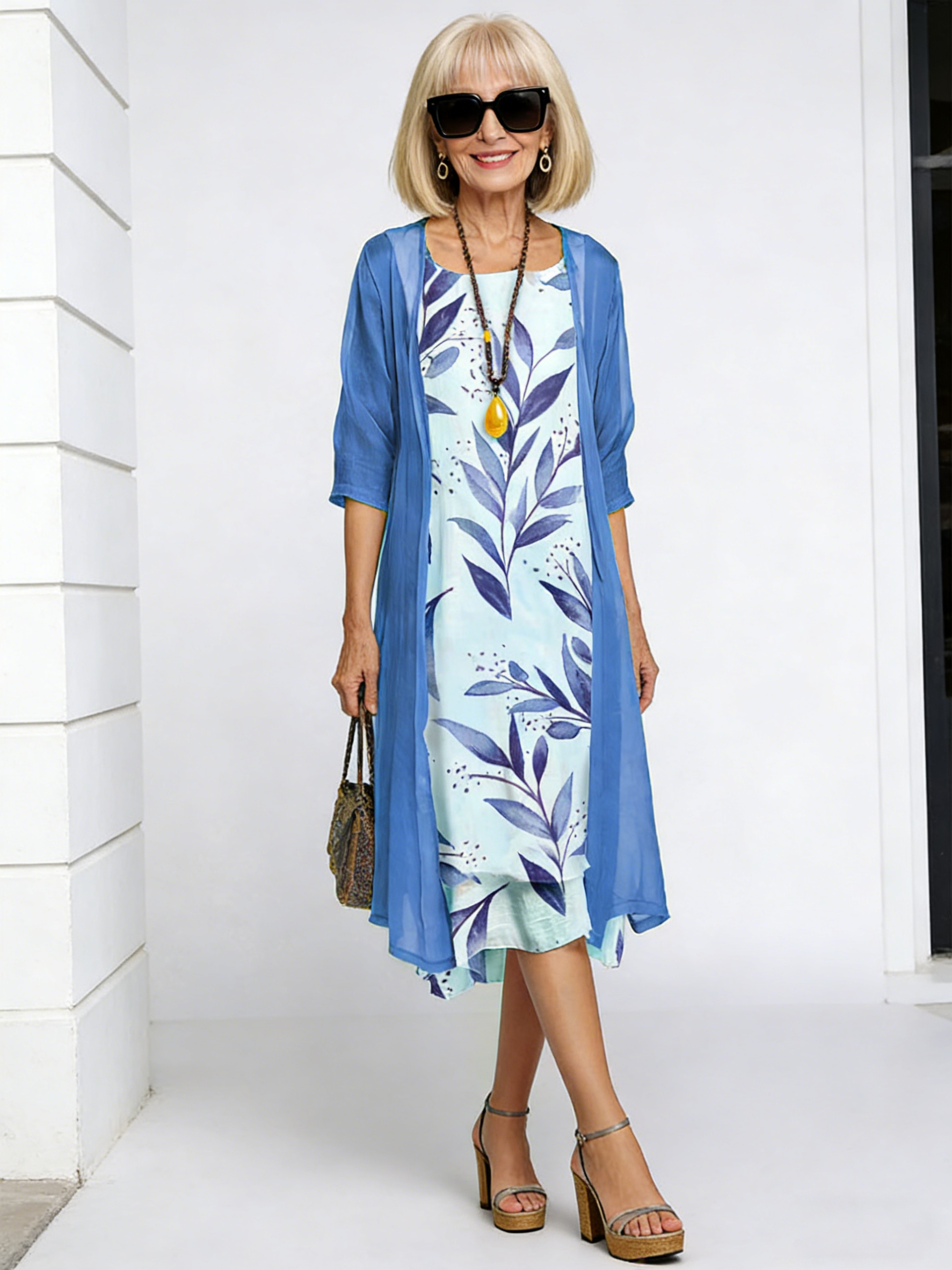 Long Dress Two-piece Flower and Plant Print Crew Neck Dress Coat Women