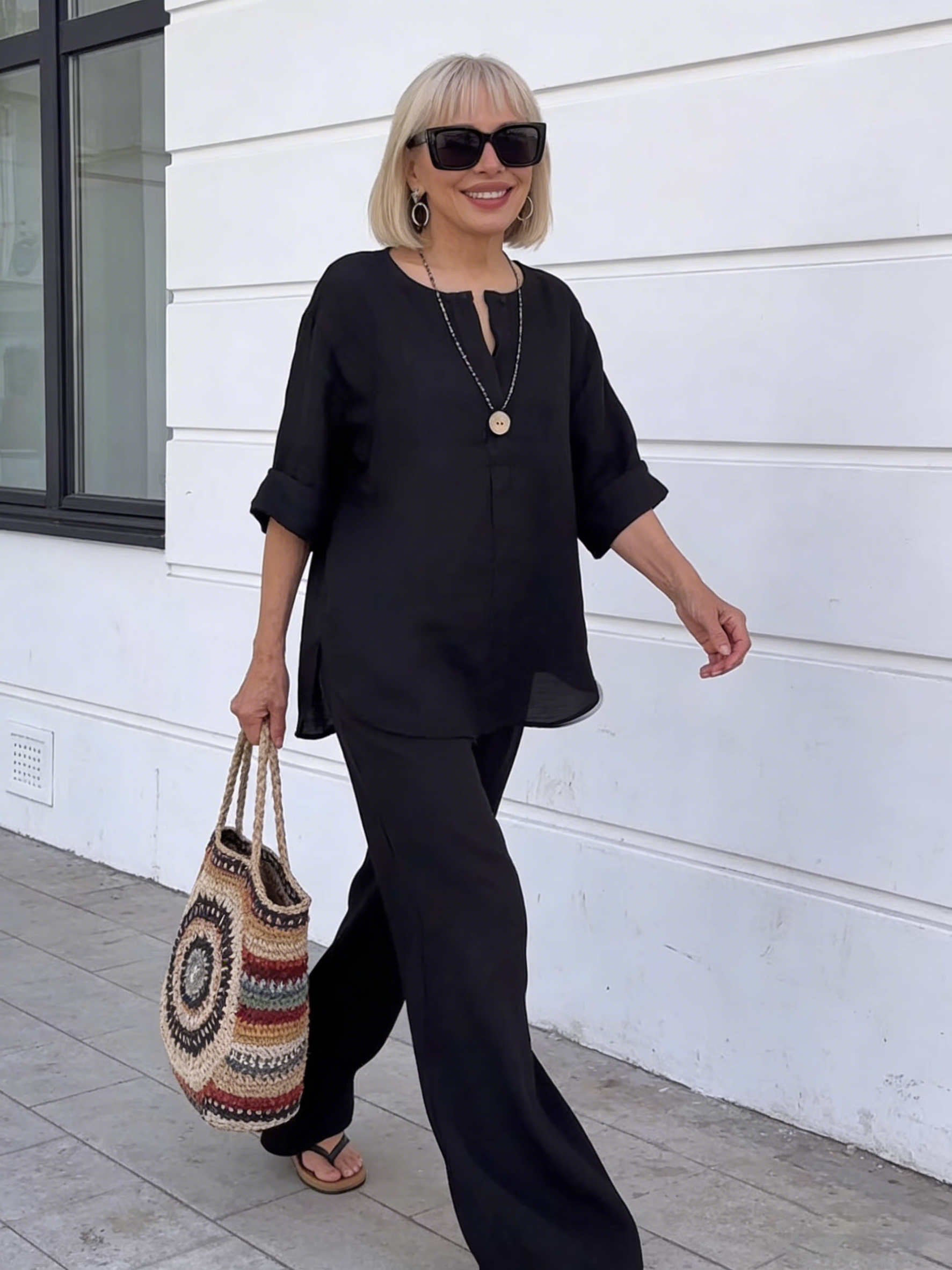 2Pcs Women's Comfortable Loose Top Wide Leg Pants Casual Cotton and Linen Set