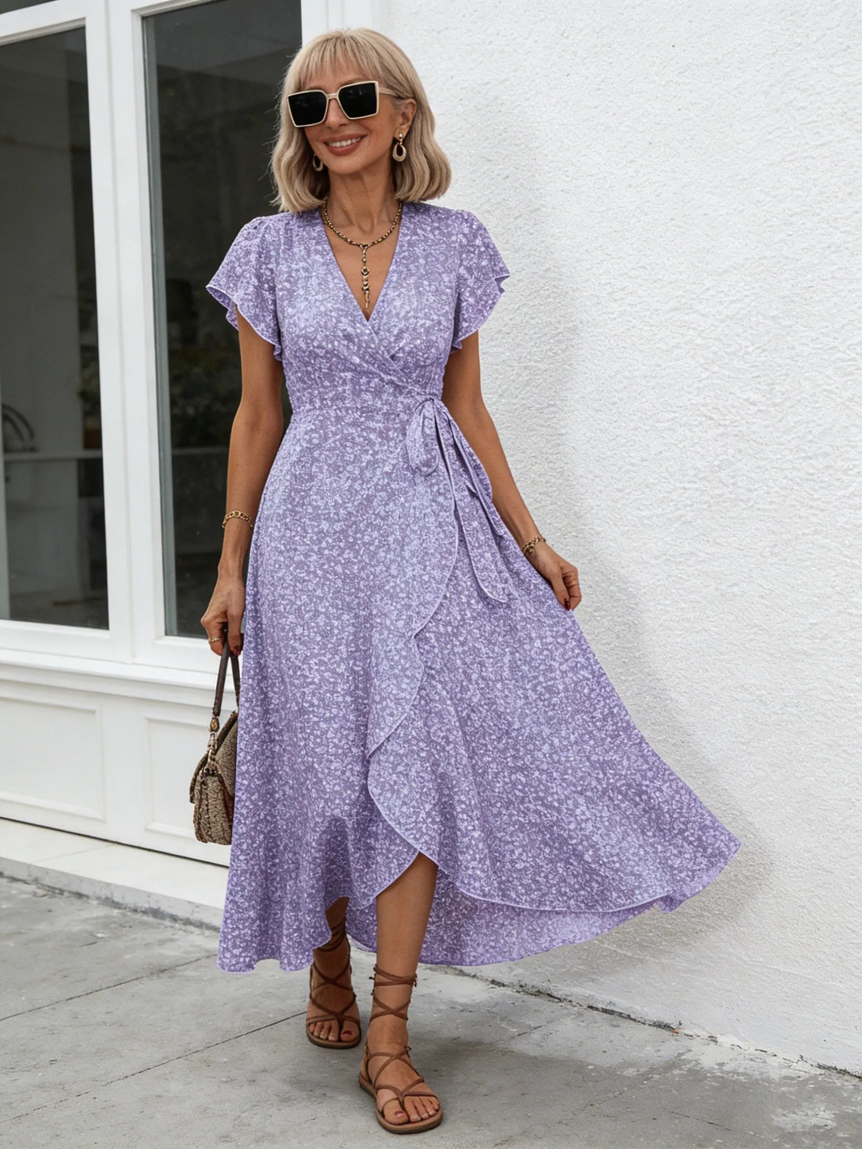 Small Floral V-neck Cardigan Belt Wrap Short Sleeve Bohemian Vacation Dress Women