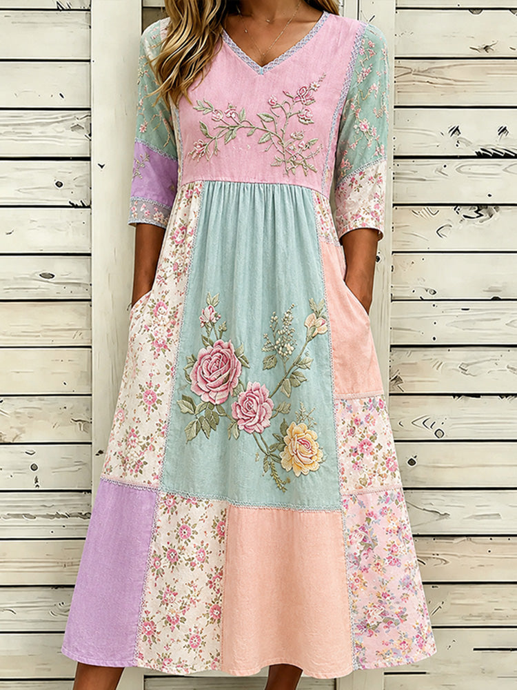 Women's Vintage Flower Embroidery Patchwork Art Linen Casual Dress