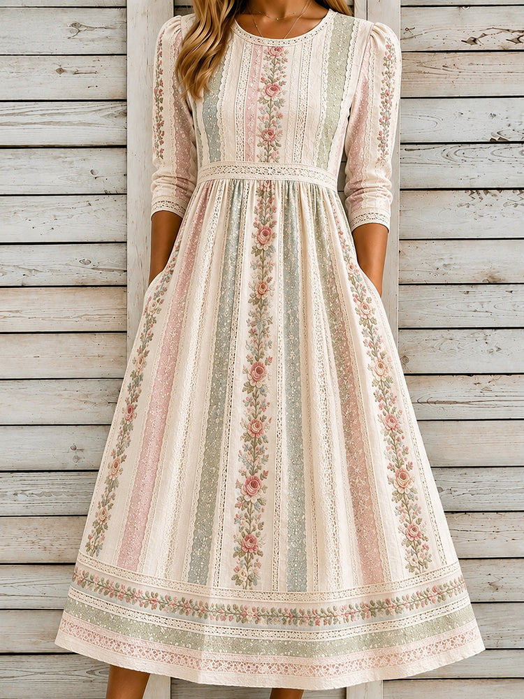Women's Vintage Floral Patchwork Art Round Neck Midi Dress