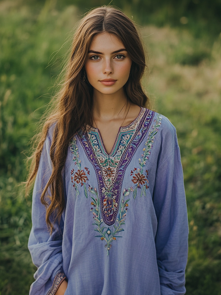 Boho Purple Floral Embroidery Linen Blend Loose Blouse