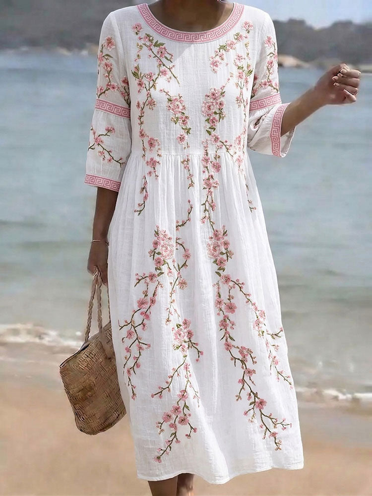 Women's Japanese Flower Art Crew Neck Linen Blend Midi Dress