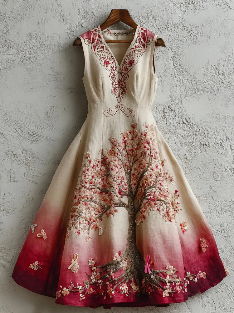 Women's Tree Of Life Pink Ribbon Embroidery Tank Belt Maxi Dress
