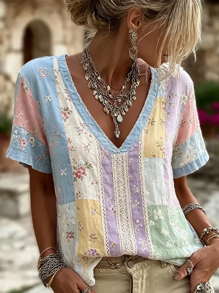 Women's Retro Floral Patchwork Art Embroidery Cotton Linen Short Sleeve Top