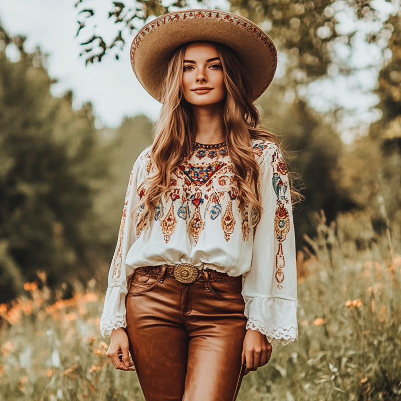Women's Loose Bubble Sleeves West Cowboy Bohemian Elegance Ethnic Patterns Lace Crop Top