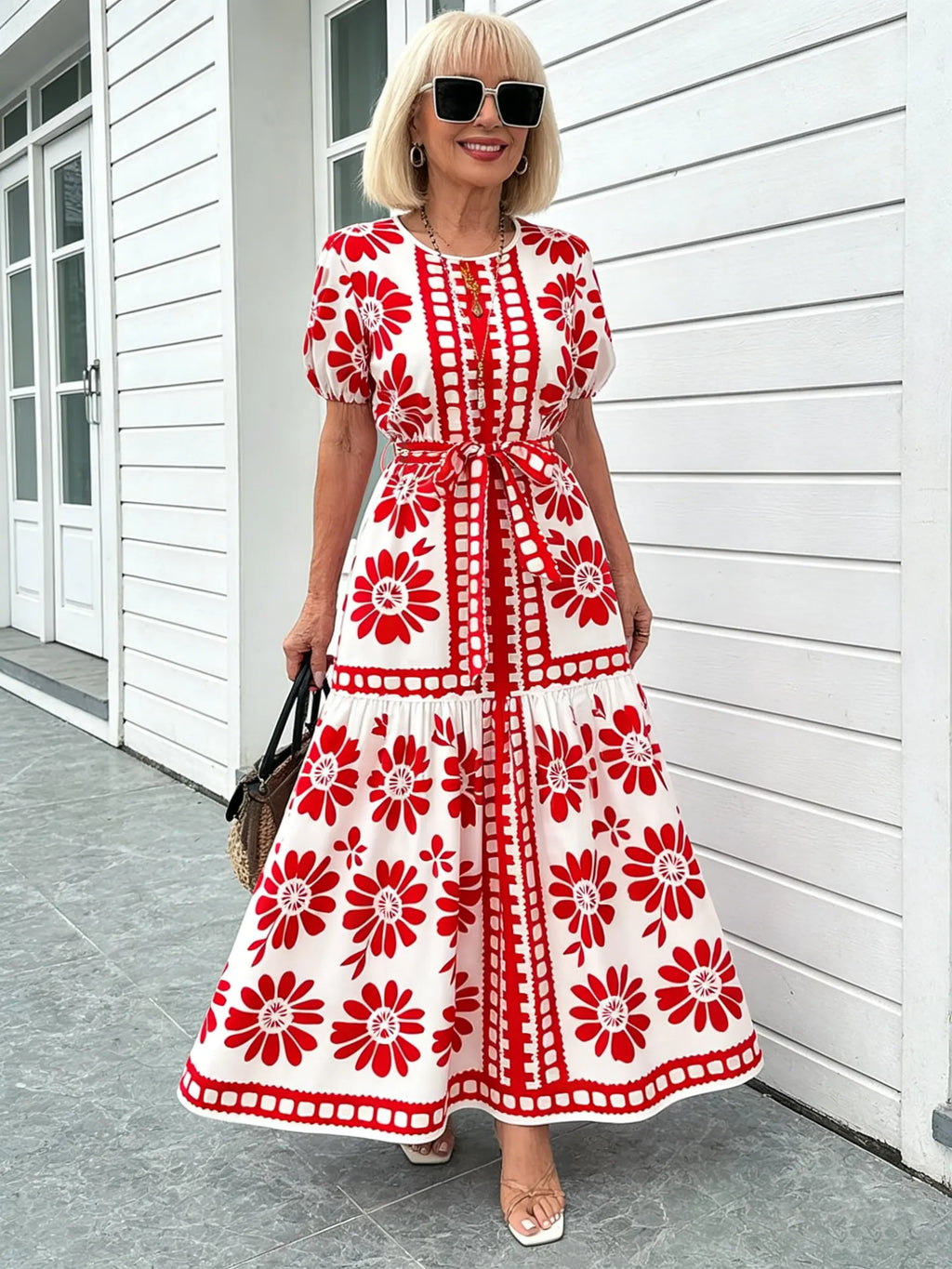 Boho Print Temperament Simple Lace-up Crew Neck Dress Vacation