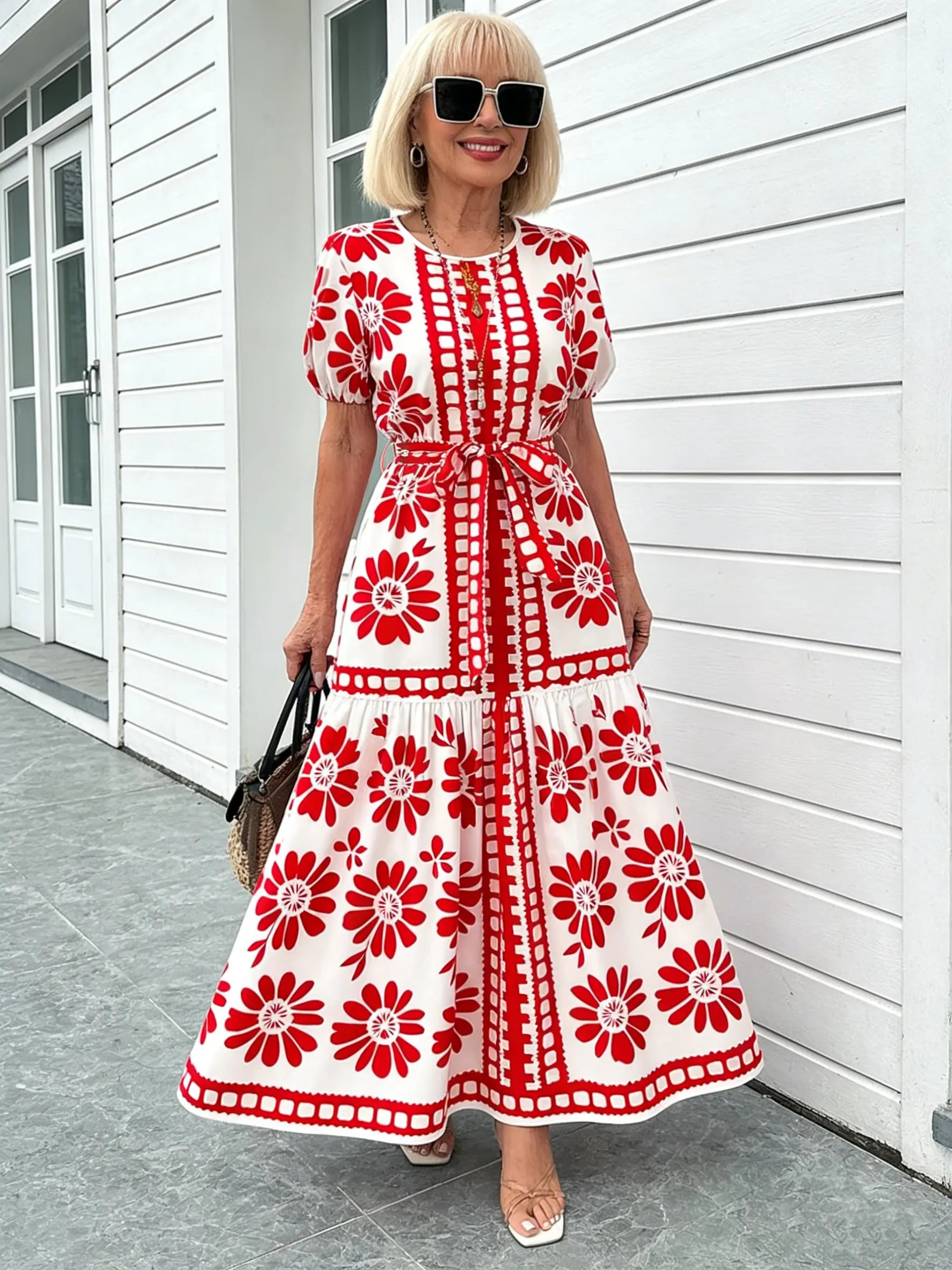 Boho Print Temperament Simple Lace-up Crew Neck Dress Vacation