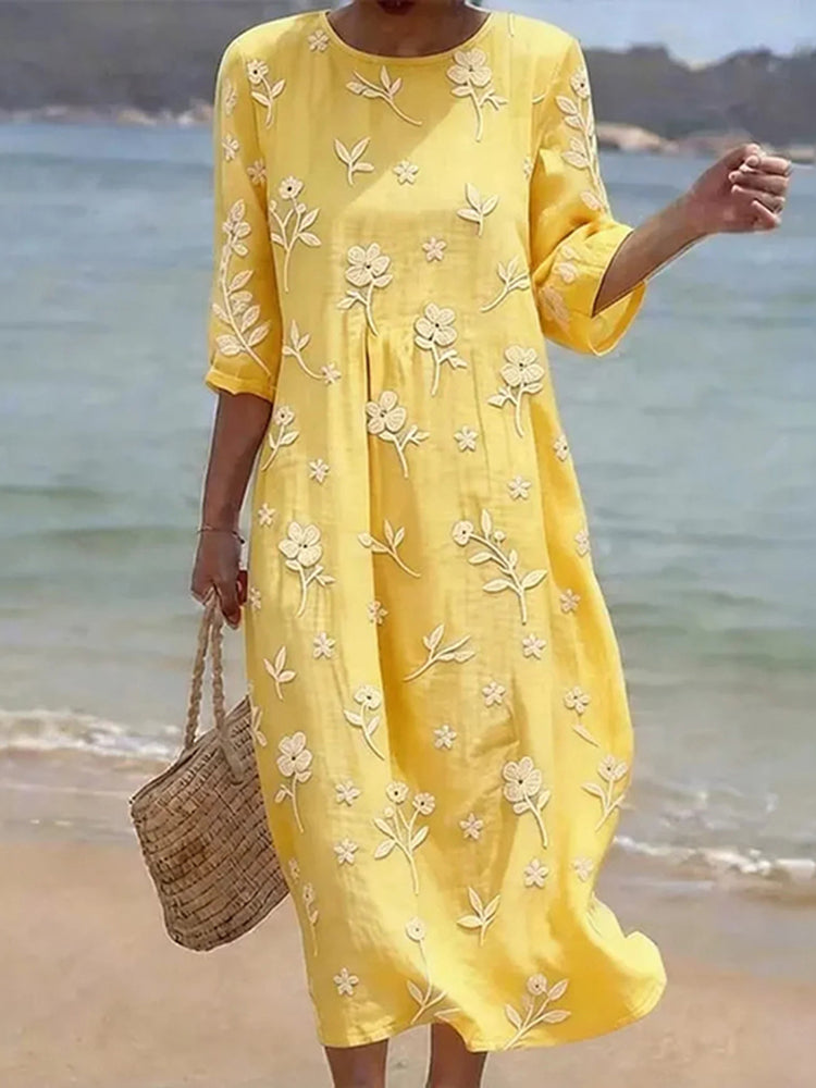 Women's Floral Print Round Neck Linen Blend Casual Midi Dress