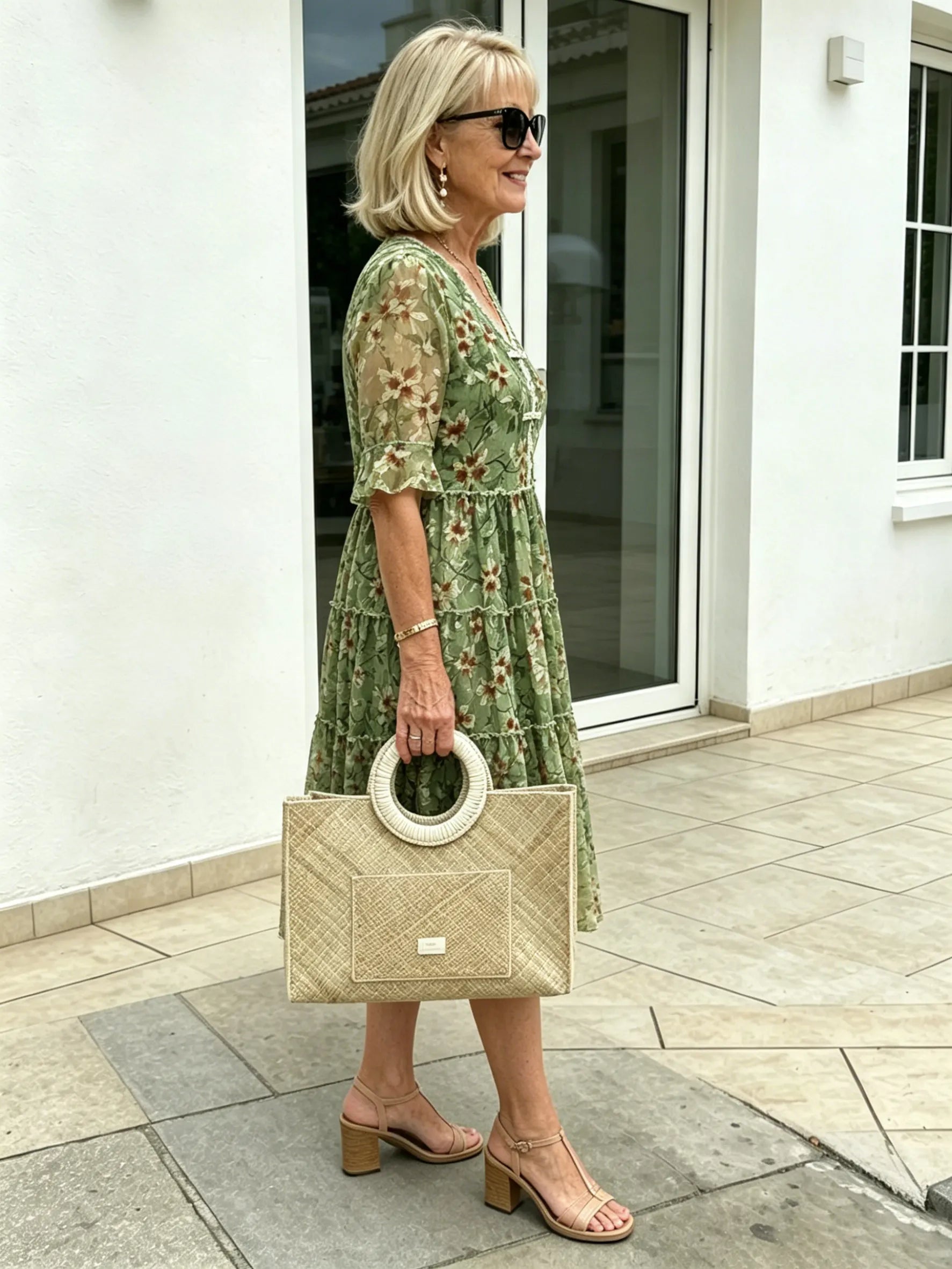 Green Floral Chiffon Tiered Midi Dress, V-Neck Frog Button Ruffle Short Sleeve Loose Casual Dress for Mature Women