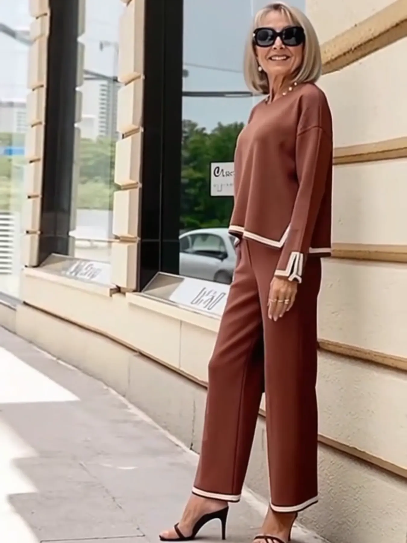 Contrasting Color Split-ended Long-sleeved Knitted Sweater High-waisted and Thin Wide-leg Pants and Trousers Two-piece Set