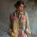 Boho Pink Roses Embroidered Colorblock Lace Stitched Linen Blouse