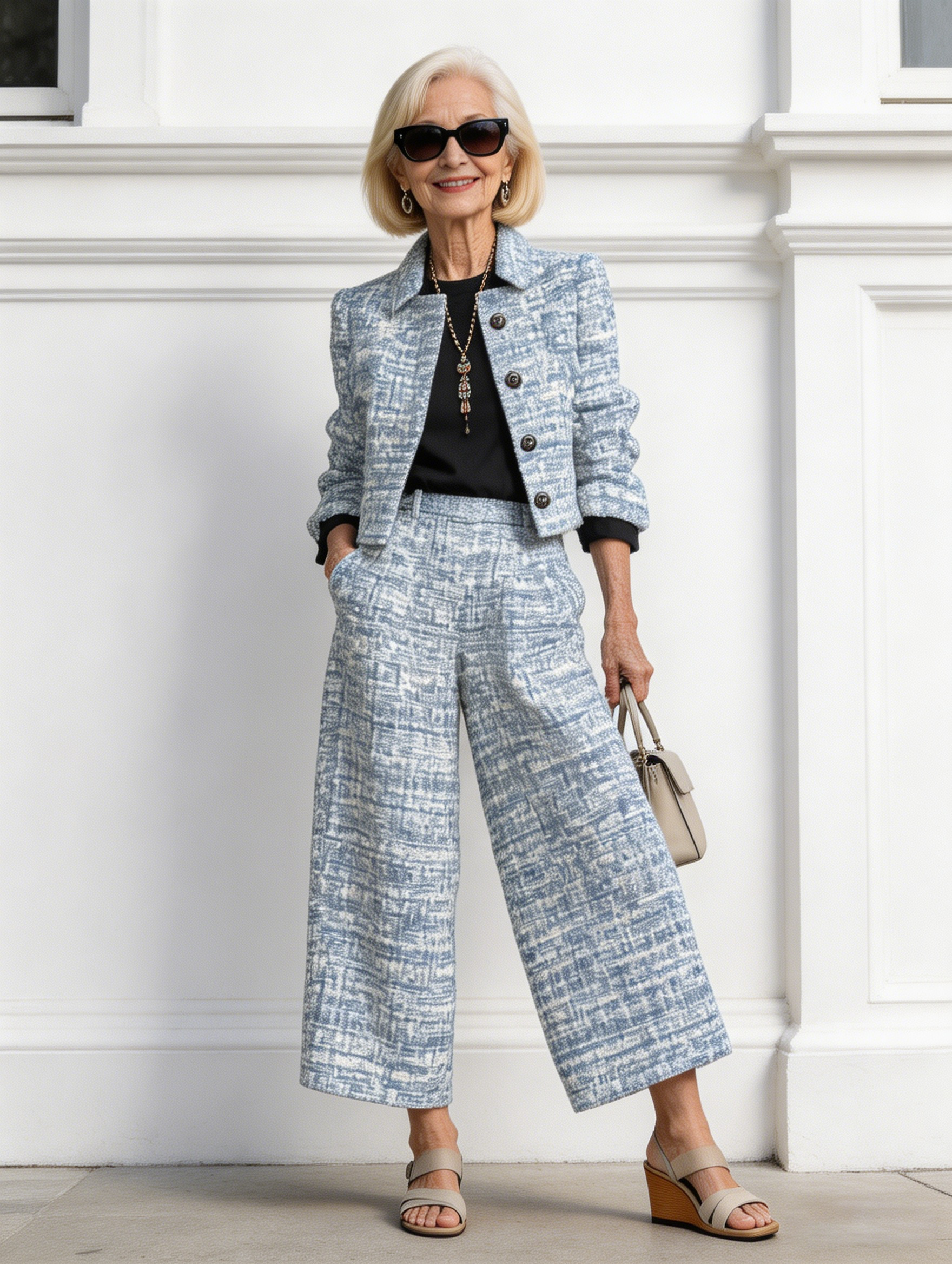 2Pcs Lapel Slim Women's Style Long-sleeved Short Jacket with Wide Leg Pants Set