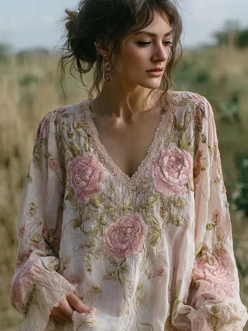 Bohemian Style Pink Floral Design V-neck Long-sleeve Top