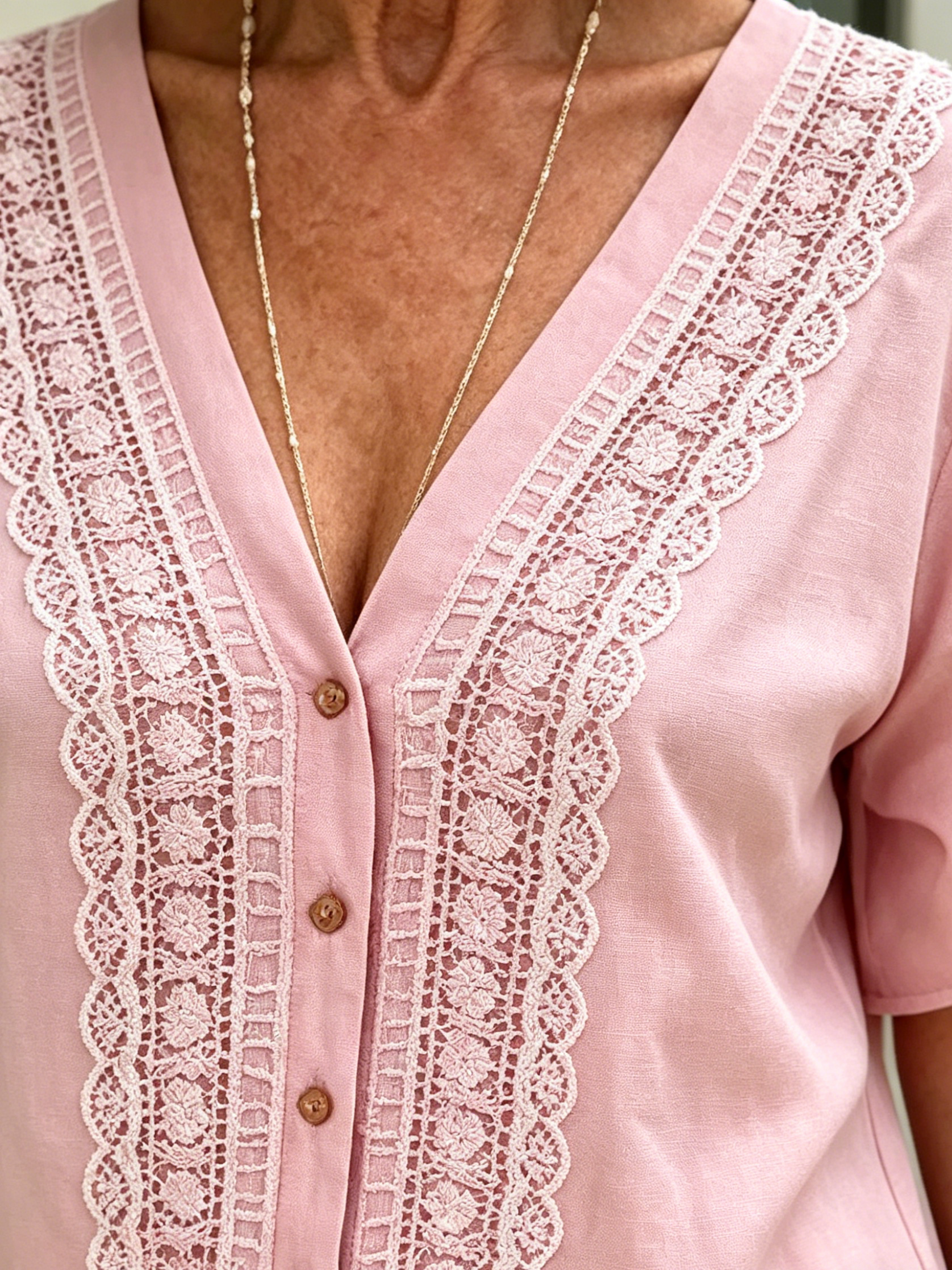 V-neck Short-sleeved Shirt Women's Loose Imitation Hemp Embroidered Button-up Top
