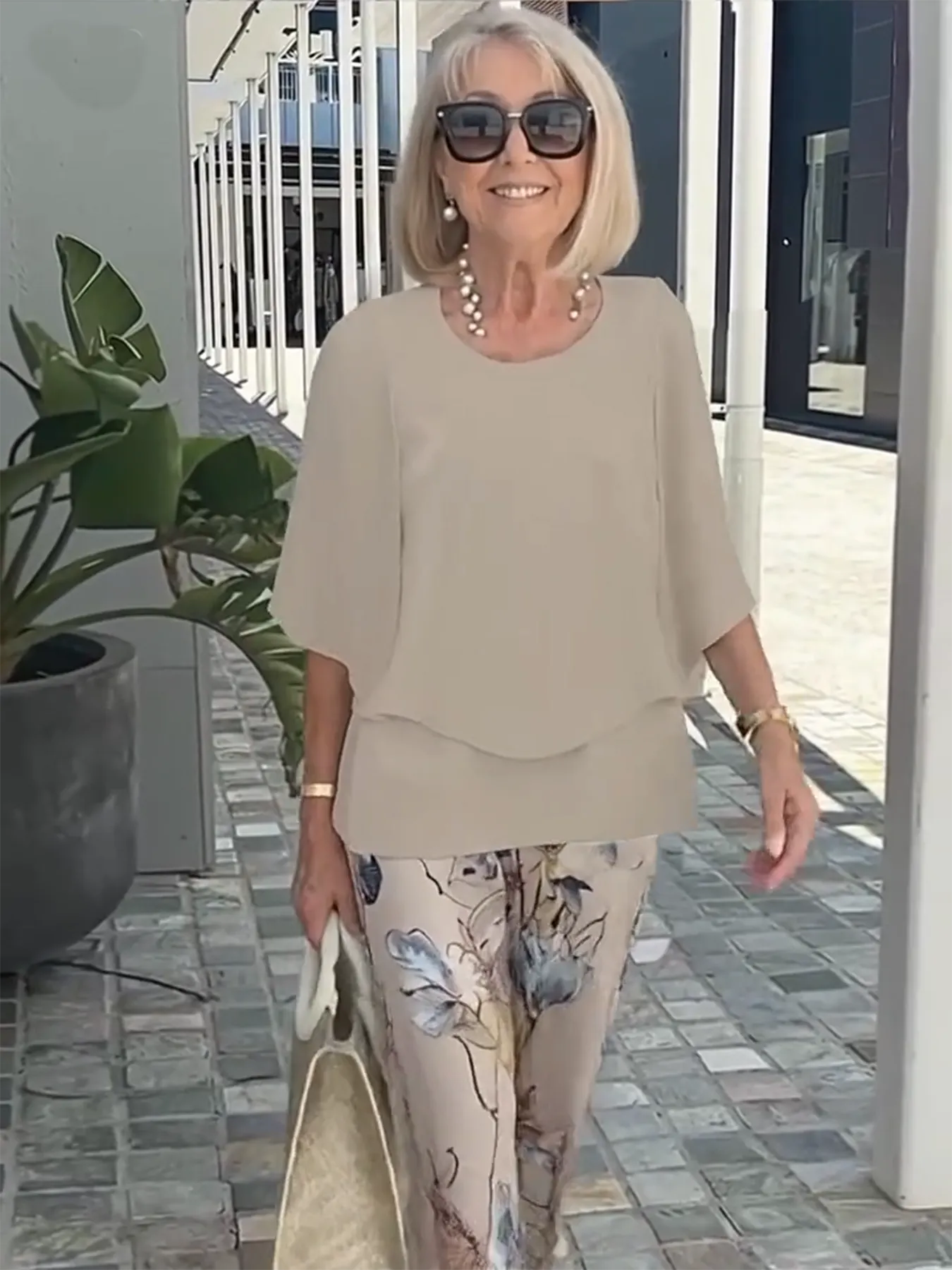 Casual Crew Neck Medium Sleeve Top Printed Floral Pants Set Two-piece Set