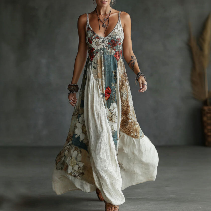 Women's Retro Floral Art Print Cotton Linen Camisole Dress