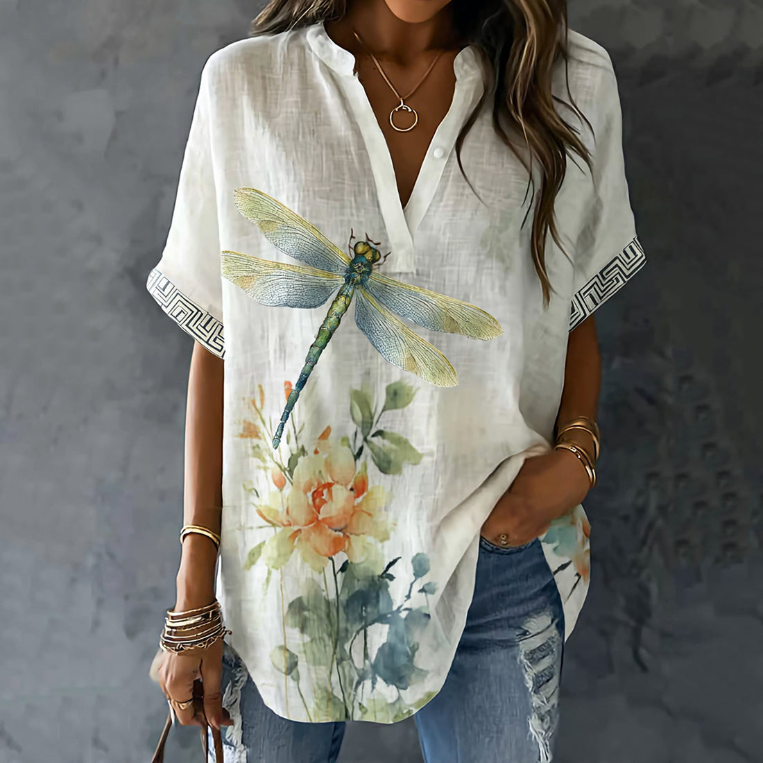 Retro Dragonfly Pattern Linen Blend Short Sleeve Tops