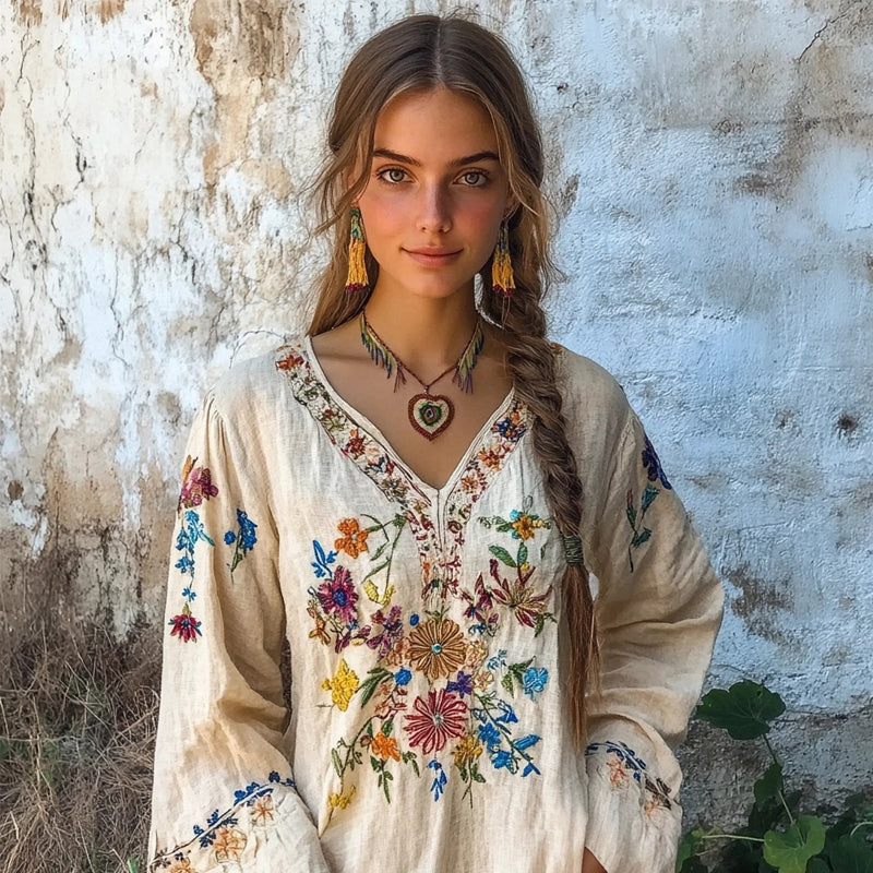 Retro Bohemian Floral Embroidered Linen Blend Comfy Shirt