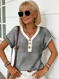 Splicing Knitted V-Neck Button Sleeve Short Sleeve