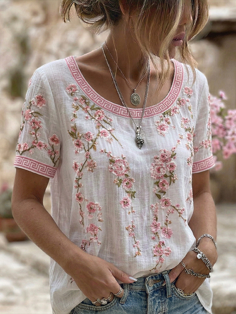 Women's Japanese Flower Art Print Round Neck Short Sleeve T-shirt