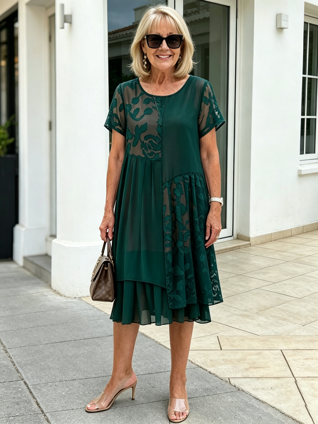 Black Floral Lace Patchwork Chiffon Midi Dress, Crew Neck Short Sleeve Loose Plus Size High-End Mother Dress