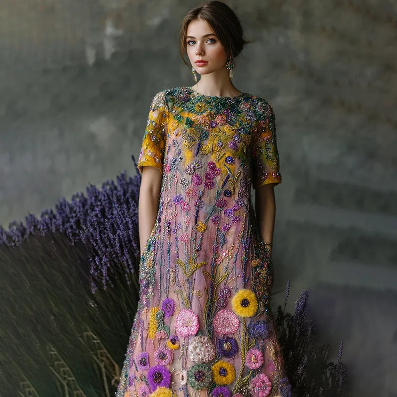 Women's Elegant Oil Painting Floral Sequined Maxi Dress