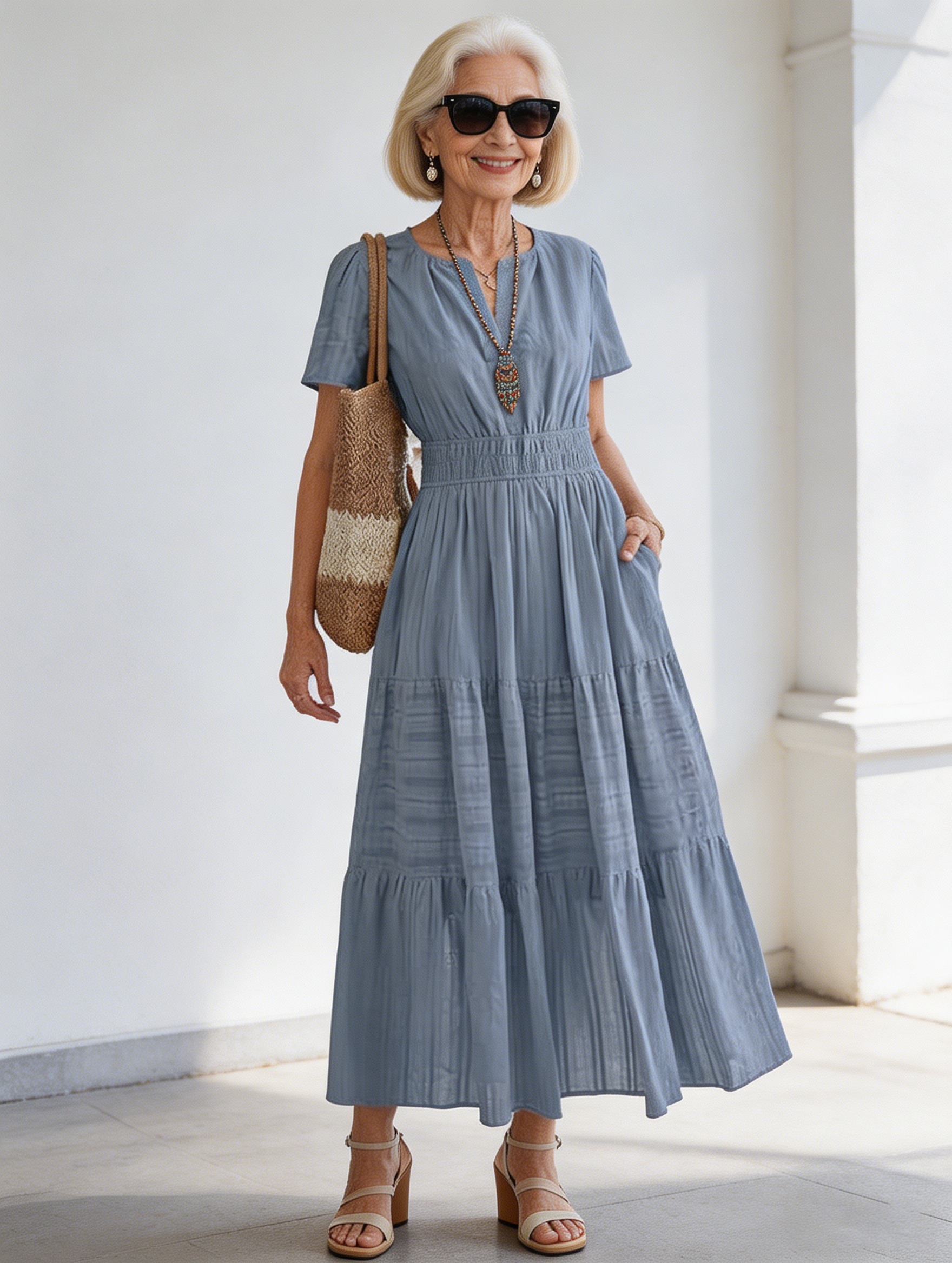 Cotton Fashion V-neck Pleated Bubble Sleeves Layered Pendulum Dress Women