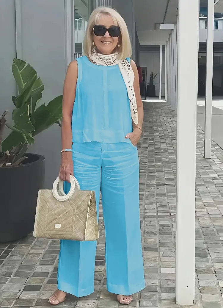Sleeveless Solid Cotton and Linen Set for Breathable and Comfortable Holiday Two-Piece Set