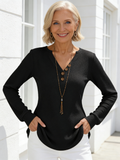 Fashion Casual V-Neck Button Waffle Long Sleeve Sweatshirt Top