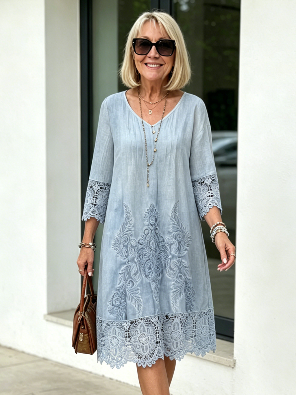 V-neck A-shaped Skirt Solid Color Lace Dress  Five-quarter Sleeve