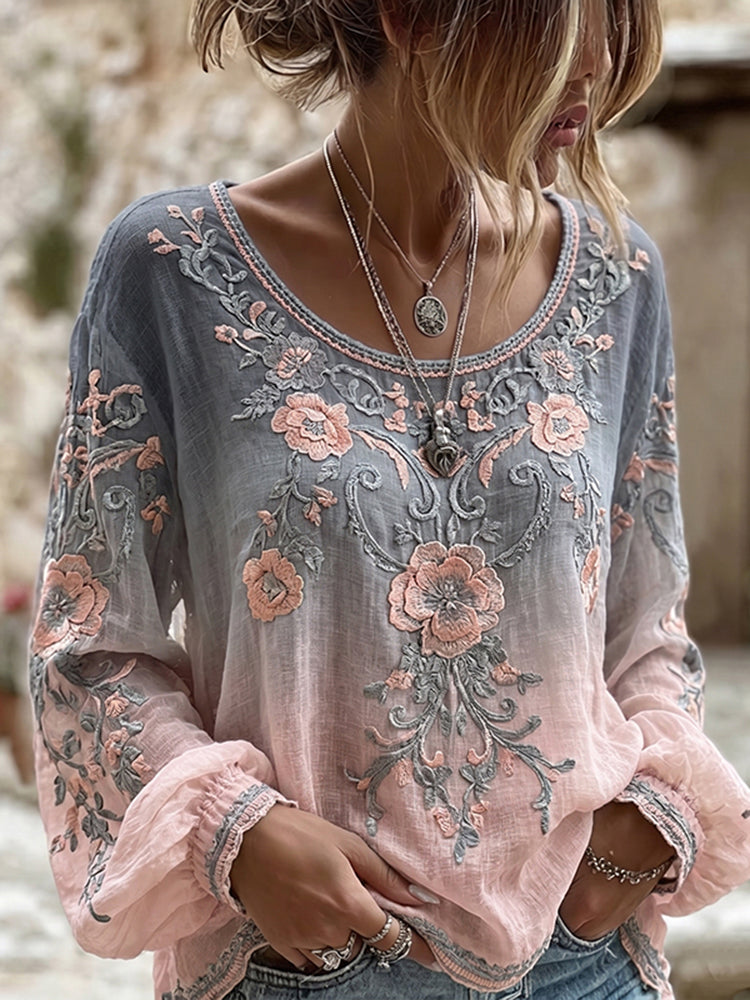 Women's Retro Pink Floral Art Pattern Round Neck Linen Blend T-shirt