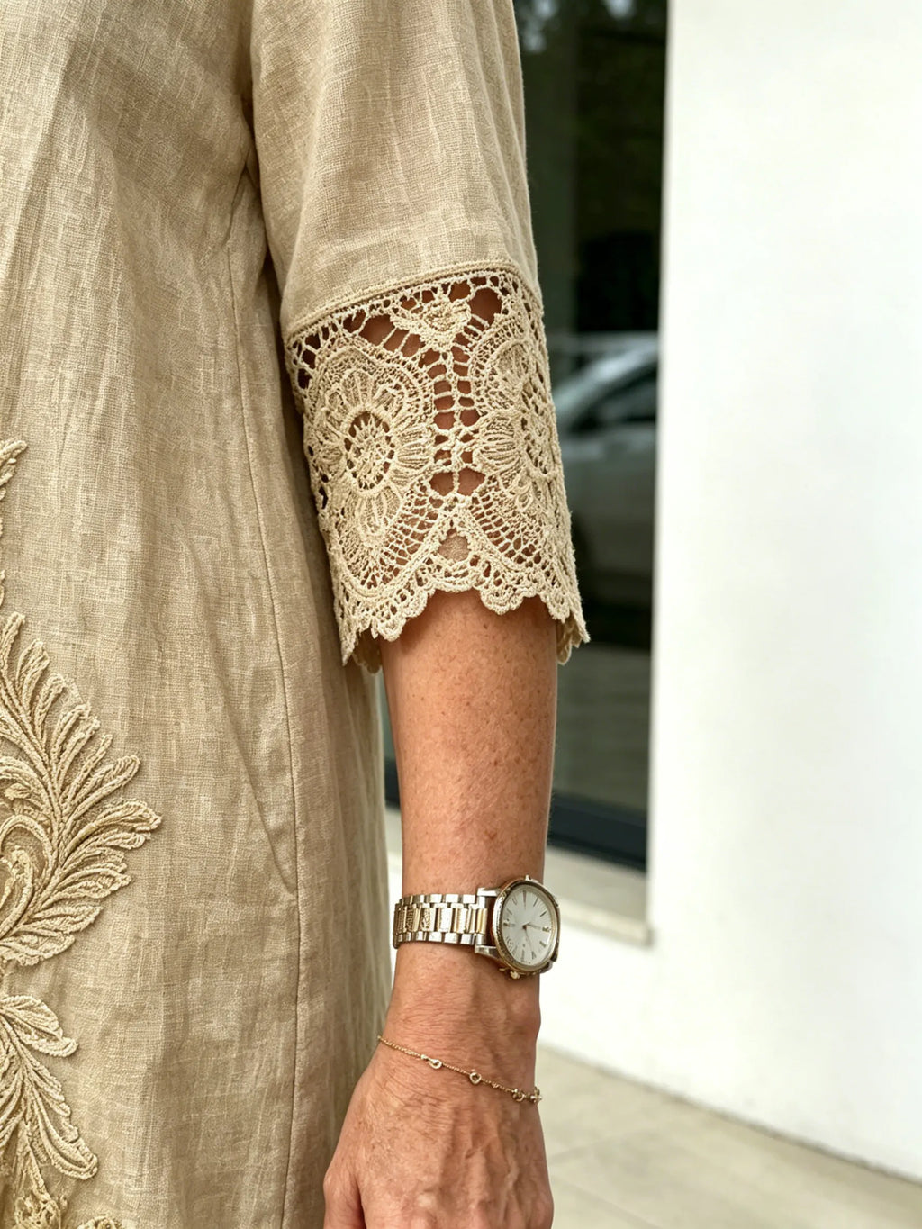 V-neck A-shaped Skirt Solid Color Lace Dress  Five-quarter Sleeve